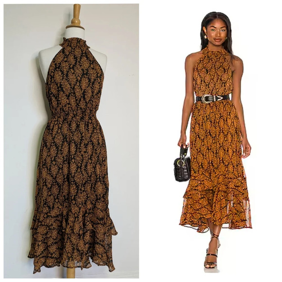 MINKPINK Dresses & Skirts - MinkPink Halter Dress Tiered Hem  Size Small* Black Orange